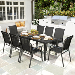 8 Seater Garden Dining Set with Stacking Chairs, Rectangular Tempered Glass Top, Garden Furniture Set, Outdoor Dining Table and Chairs for Patio, Balcony, Poolside, Black