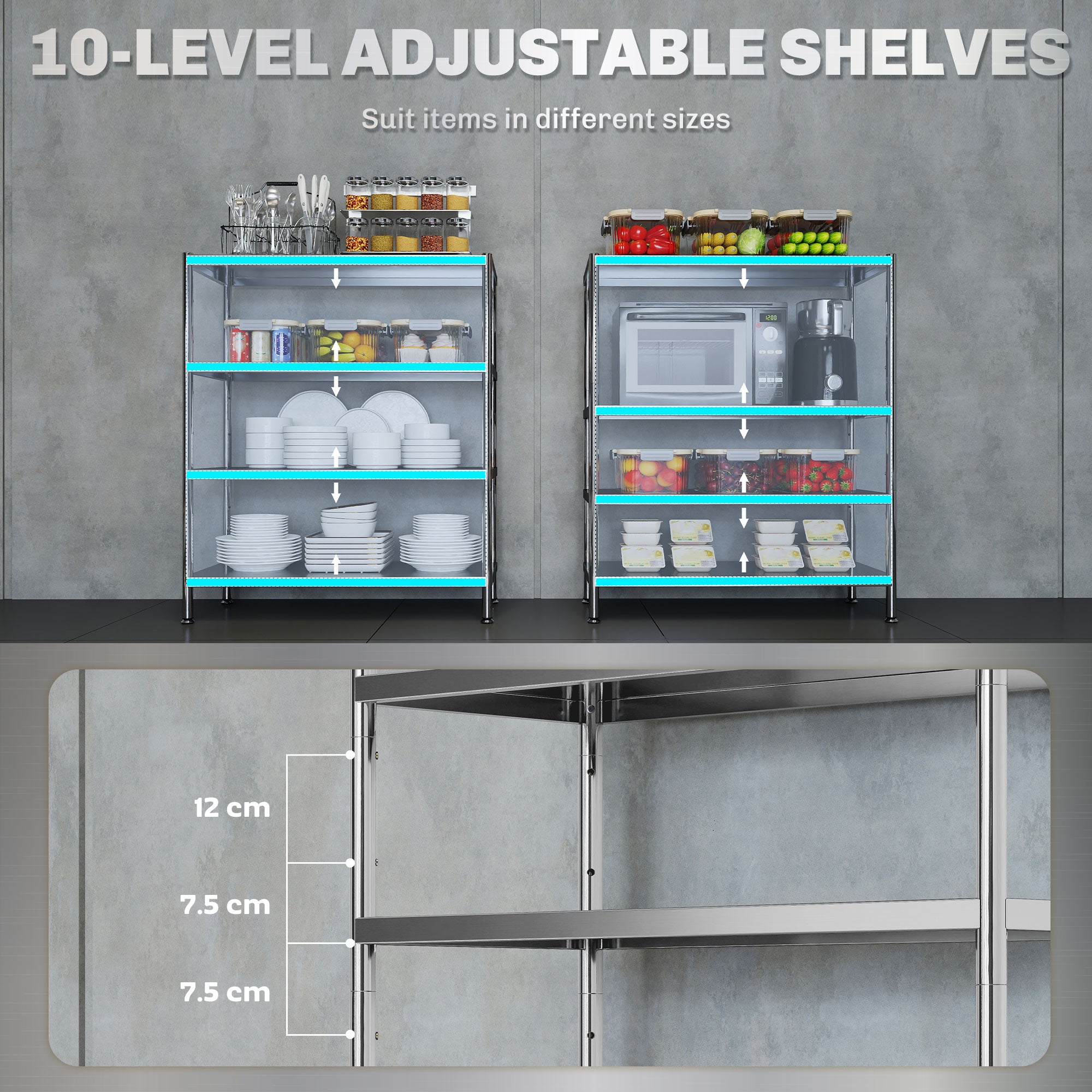 Fynco - 4-Tier Bakers Rack with Storage, Stainless Steel Microwave Stand with Adjustable Shelves for Small Spaces, Kitchen Storage Unit for Spices, Pots and Pans, Silver Tone
