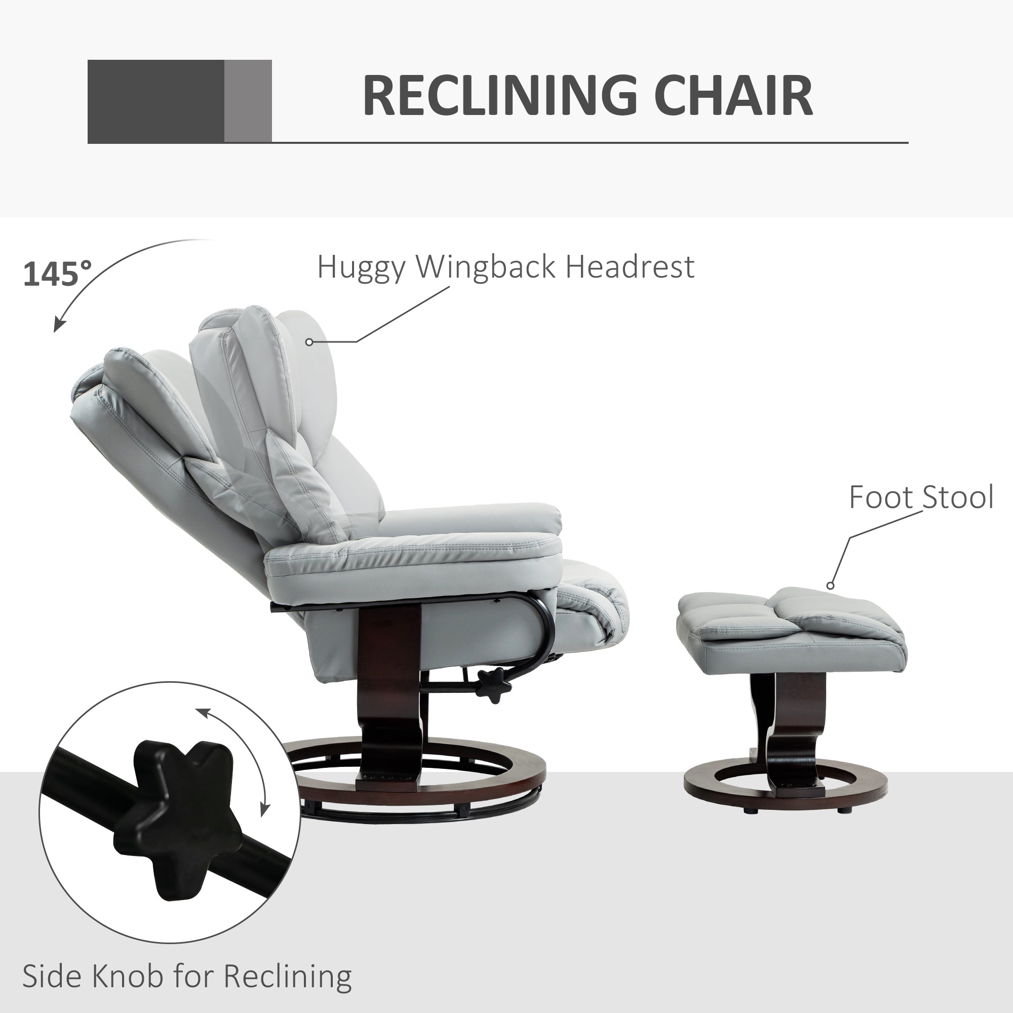 360° Swivel Recliner Chair with Footstool, PU Leather Manual Recliner Armchair with Solid Wood Base, Upholstered Reclining Chair for Living Room, Bedroom, Office, Light Grey