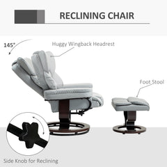 360° Swivel Recliner Chair with Footstool, PU Leather Manual Recliner Armchair with Solid Wood Base, Upholstered Reclining Chair for Living Room, Bedroom, Office, Light Grey