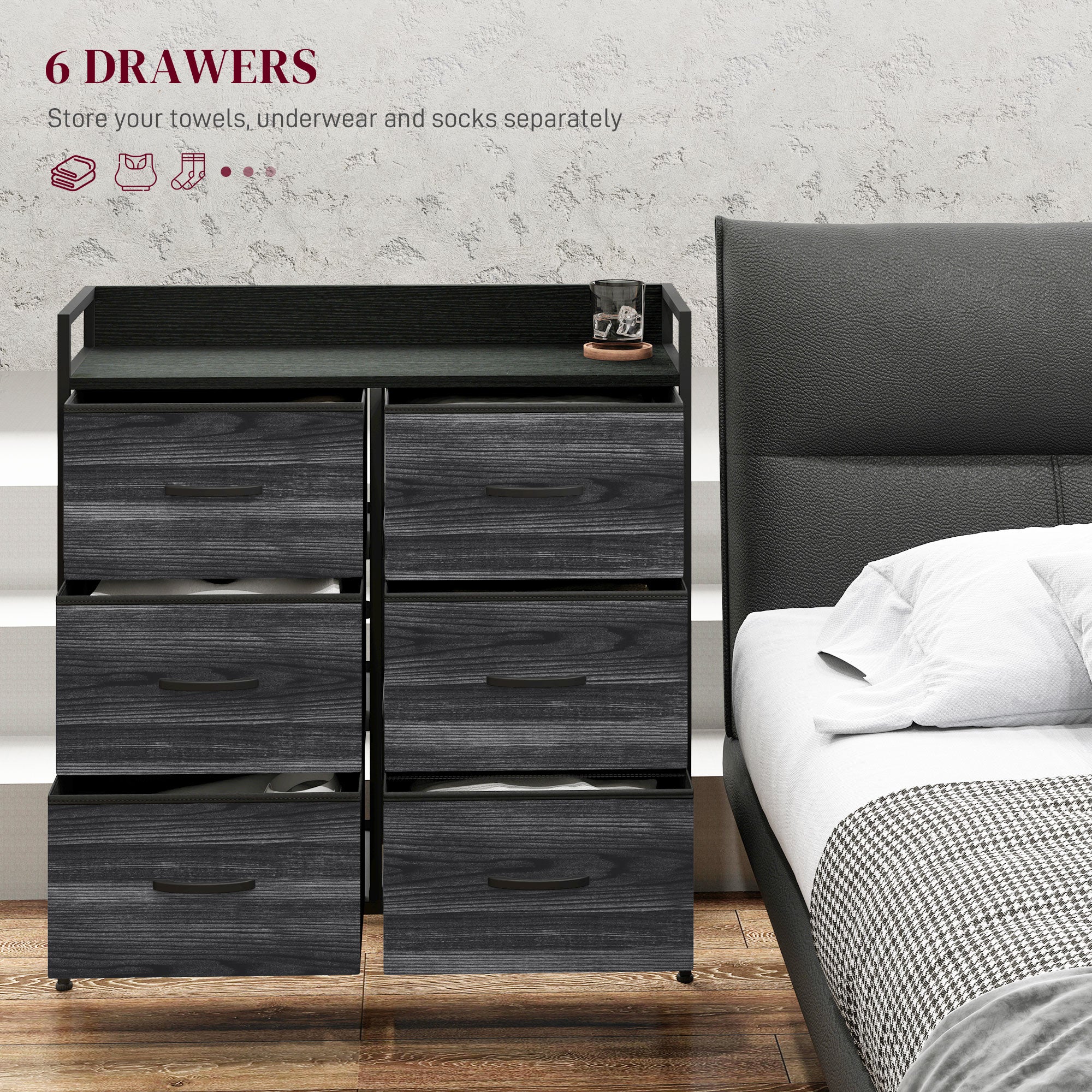 Rustic Chest of Six Fabric Drawers - Black