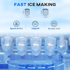 Fynco - 3L Ice Maker Machine and Water Dispenser, 12kg in 24H, 2 Sizes 9 Ice Cubes Ready in 6-10 Mins Ice Machine, Red