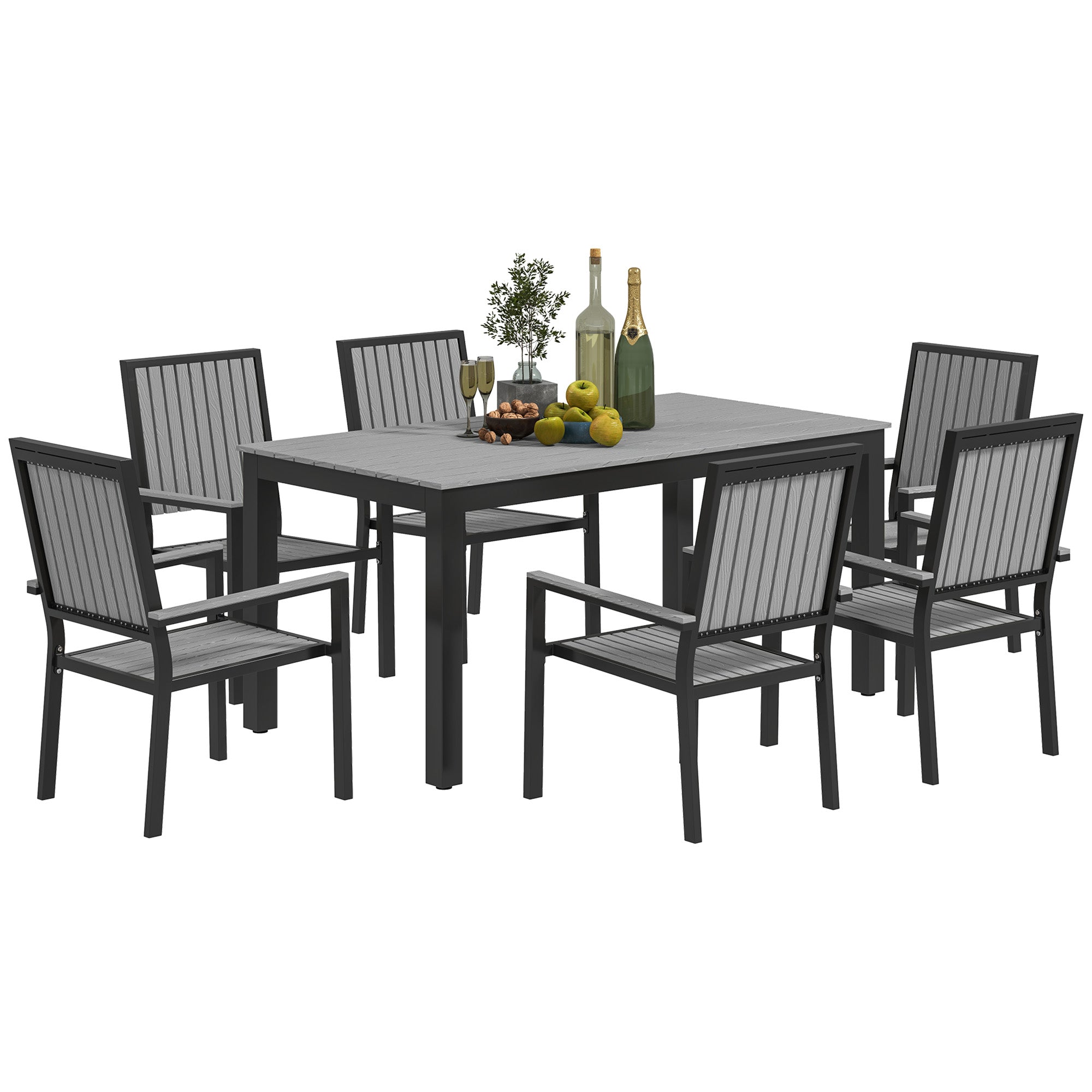 6 Seater Garden Dining Set with Stackable Chairs, Aluminium Frame, Rectangular Plastic Top, Garden Furniture Set, Outdoor Dining Table and Chairs for Patio, Balcony, Poolside, Grey