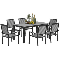 6 Seater Garden Dining Set with Stackable Chairs, Aluminium Frame, Rectangular Plastic Top, Garden Furniture Set, Outdoor Dining Table and Chairs for Patio, Balcony, Poolside, Grey
