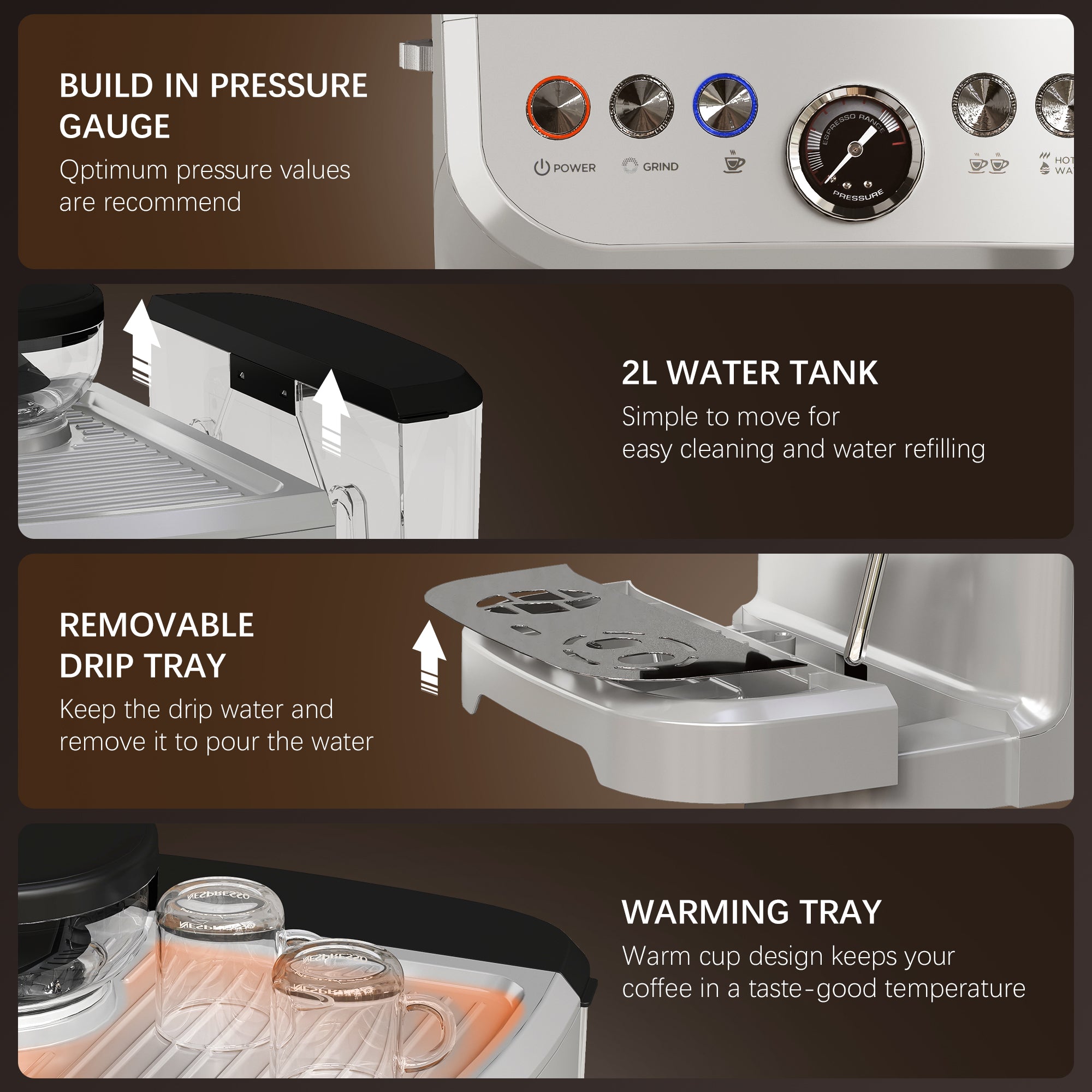 15 Bar Coffee Machine, with Adjustable Grind, Steamer and Accessories - Silver Colour