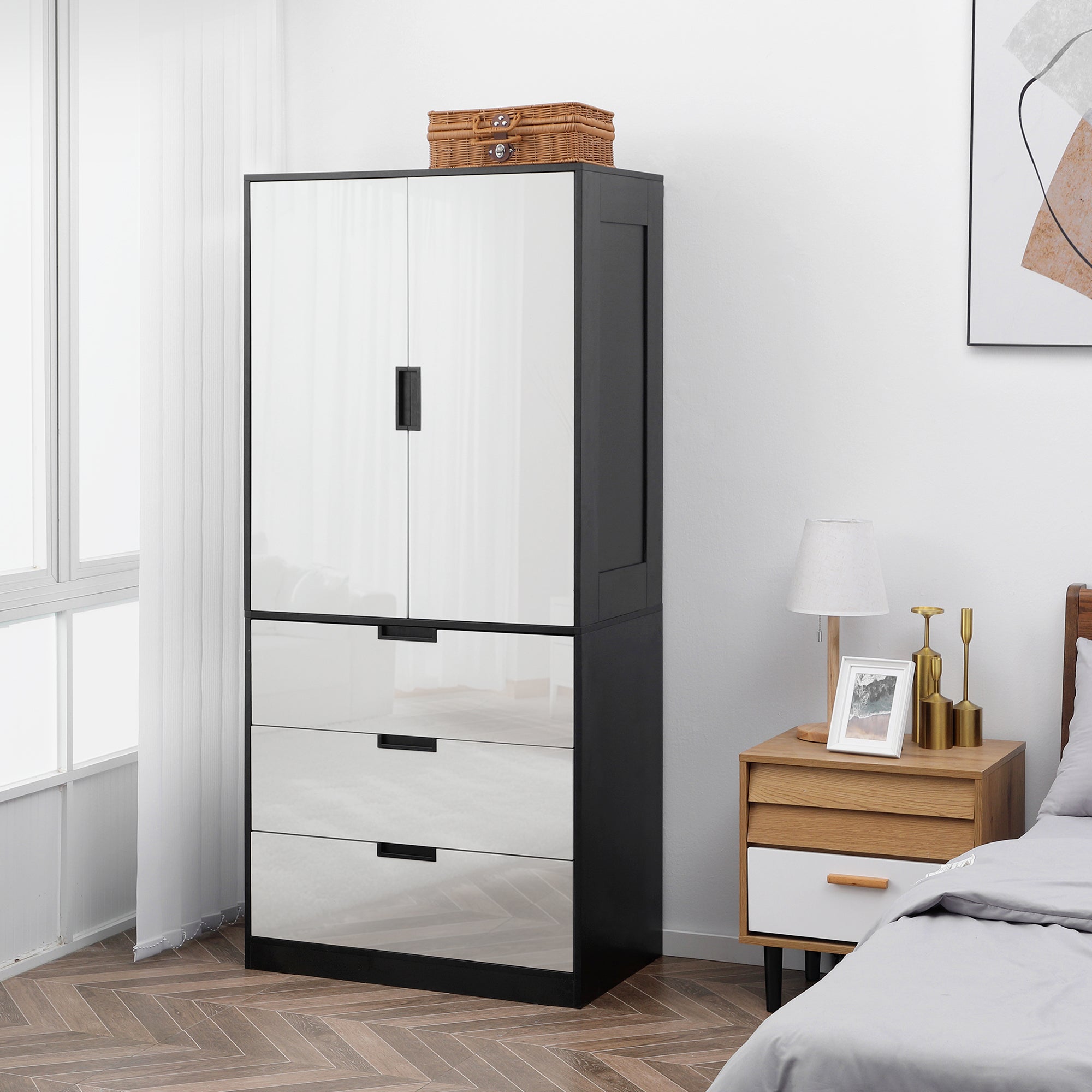 2 Door Wardrobe, Modern Wardrobe with 3 Drawers and Hanging Rod for Bedroom, High Gloss White