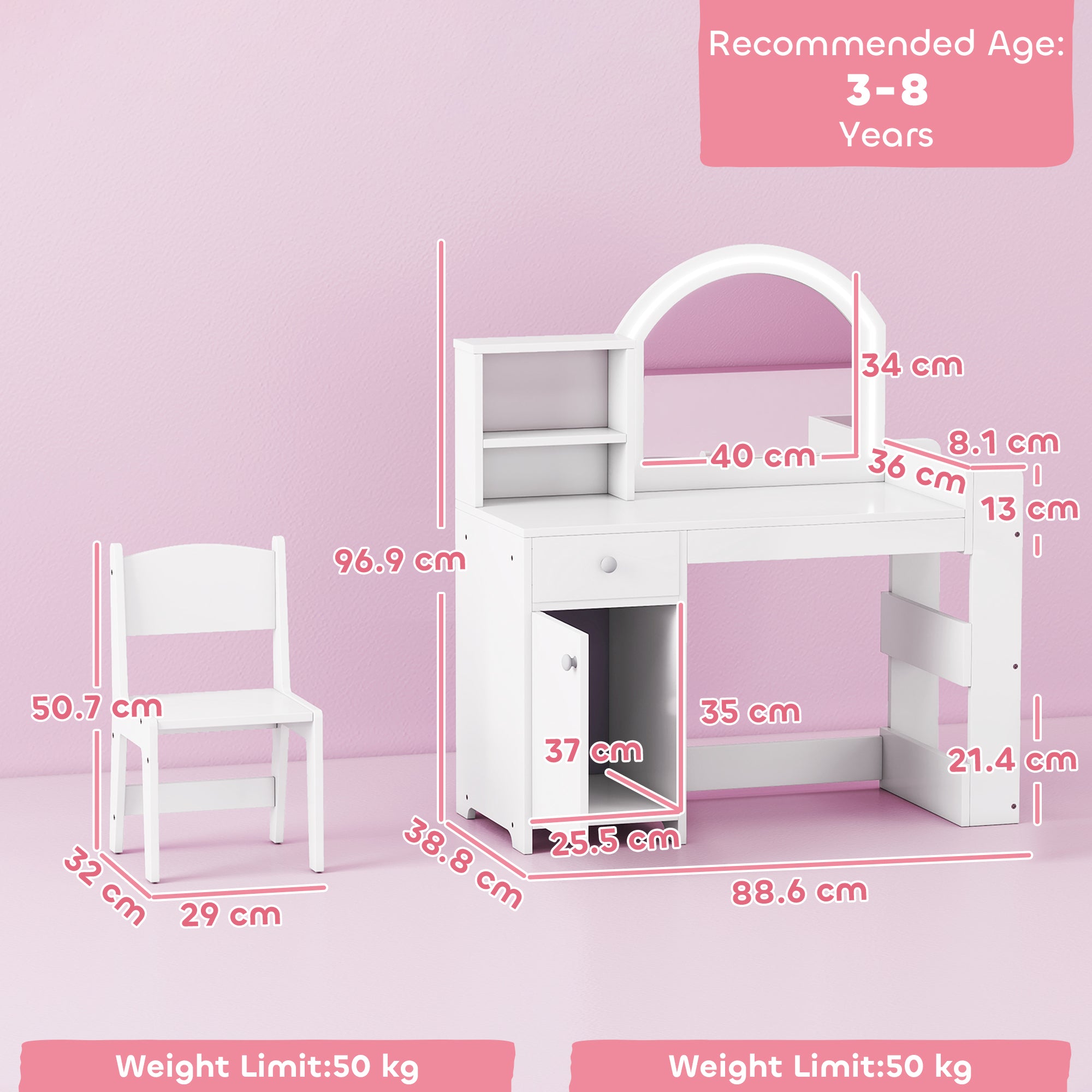 AIYAPLAY Kids Vanity Table and Chair Set, Girls Dressing Table with 2-Colour LED Mirror, Stool, Cabinet, Drawer, Shelves, White