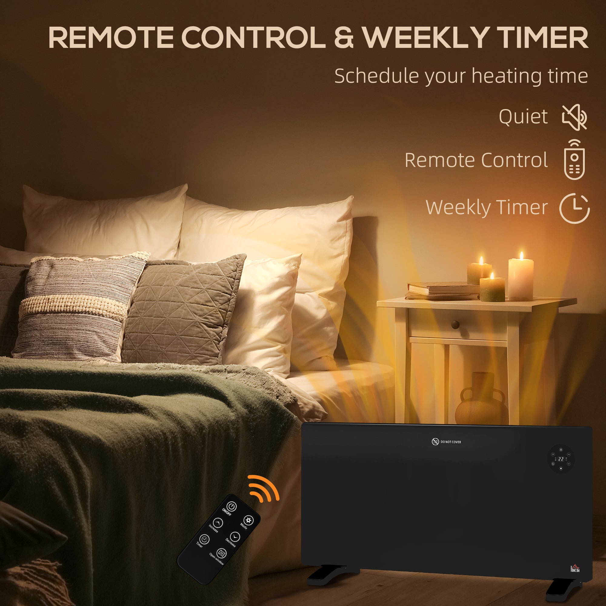 Fynco - 2000W Electric Convector Heater, Freestanding or Wall Mounted, Space Heater with Adjustable Thermostat, Timer, Black