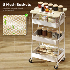 Fynco - 3-Tier Kitchen Storage Trolley with on Wheels Cover Top Board - White and Oak