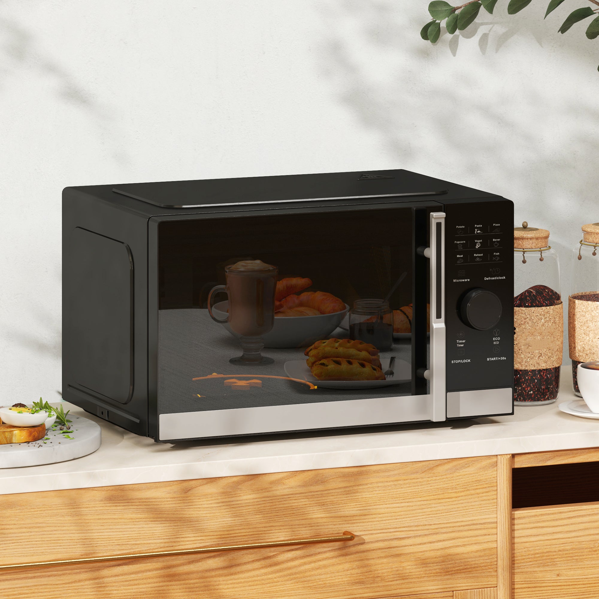 23L 800W Microwave Oven, Digital Solo Microwave with 10 Power Levels, Automatic Defrost, 8 Auto Cook Menus, 60 Minutes Timer, Eco Mode, Clock, Easy Clean, Small Black Microwave