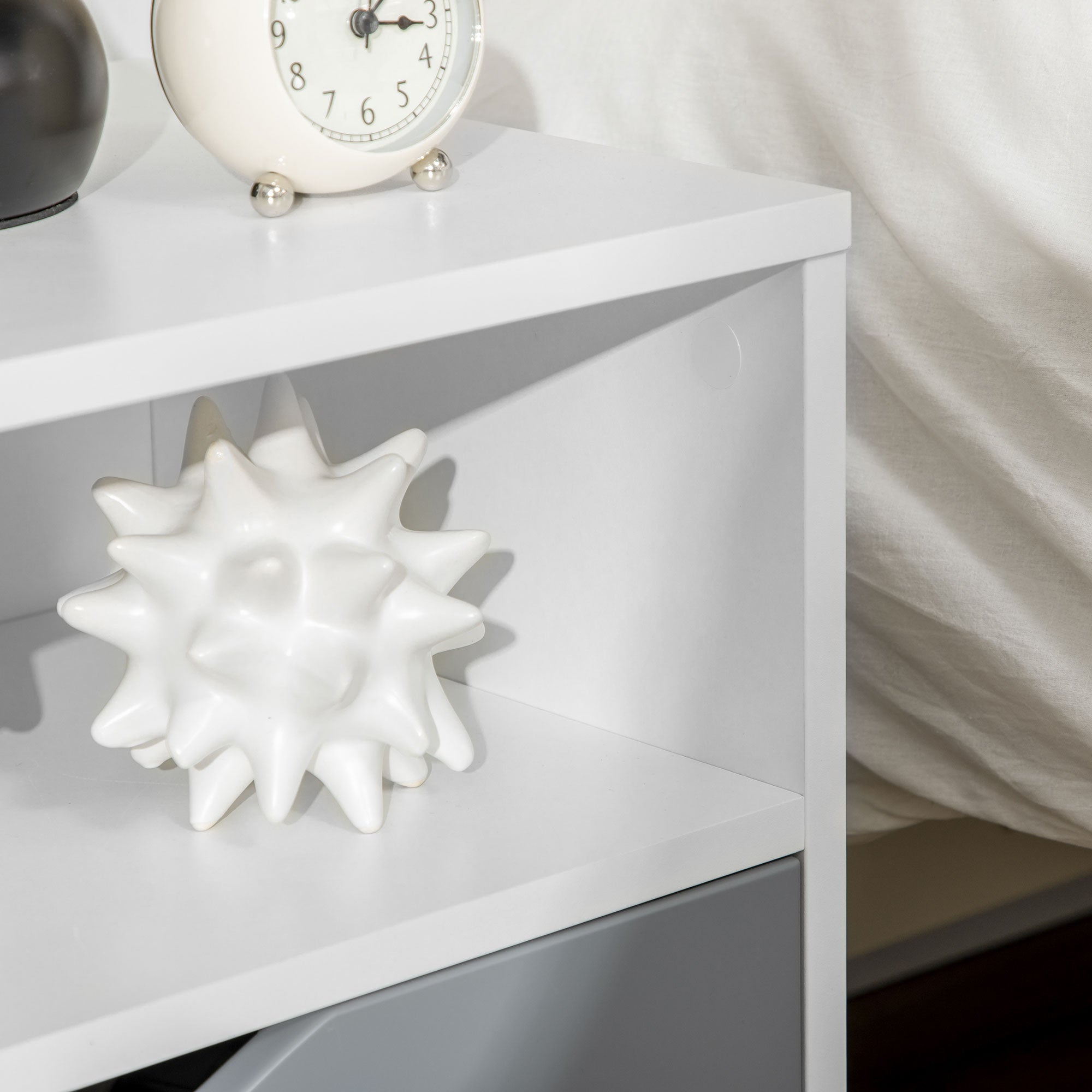 Set of 2 Modern Bedside Tables with Shelves, Drawers and Wood Legs, 36.8cm x 33cm x 43.8cm, White and Grey