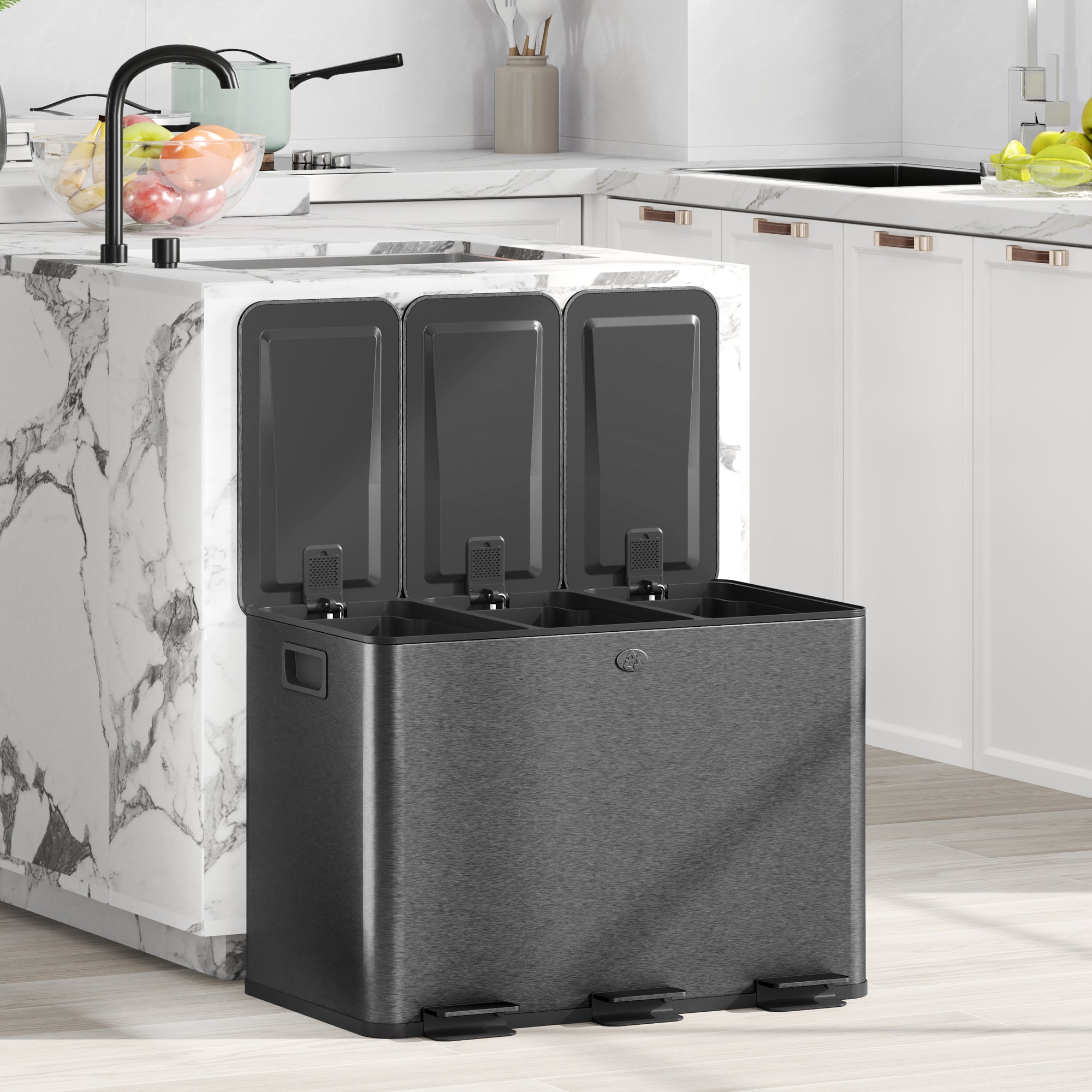 Fynco - 3 x 20L Pedal Bin, Steel Triple Kitchen Bin with Soft Close Lid, Removable Inner Buckets, Fingerprint-Proof, Black