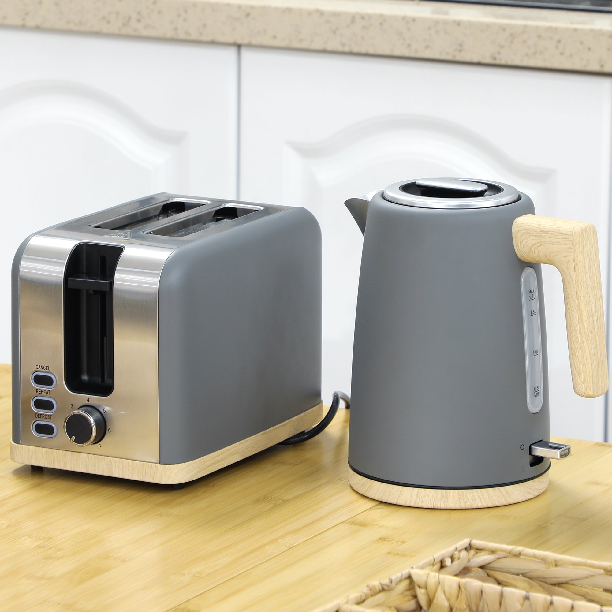 Kettle and Toaster Set, 1.7L 3000W Fast Boil Kettle & 2 Slice Toaster Kitchen Set with 7 Level Browning Controls, Defrost, Reheat, Auto Off, Boil-dry Protection, Grey
