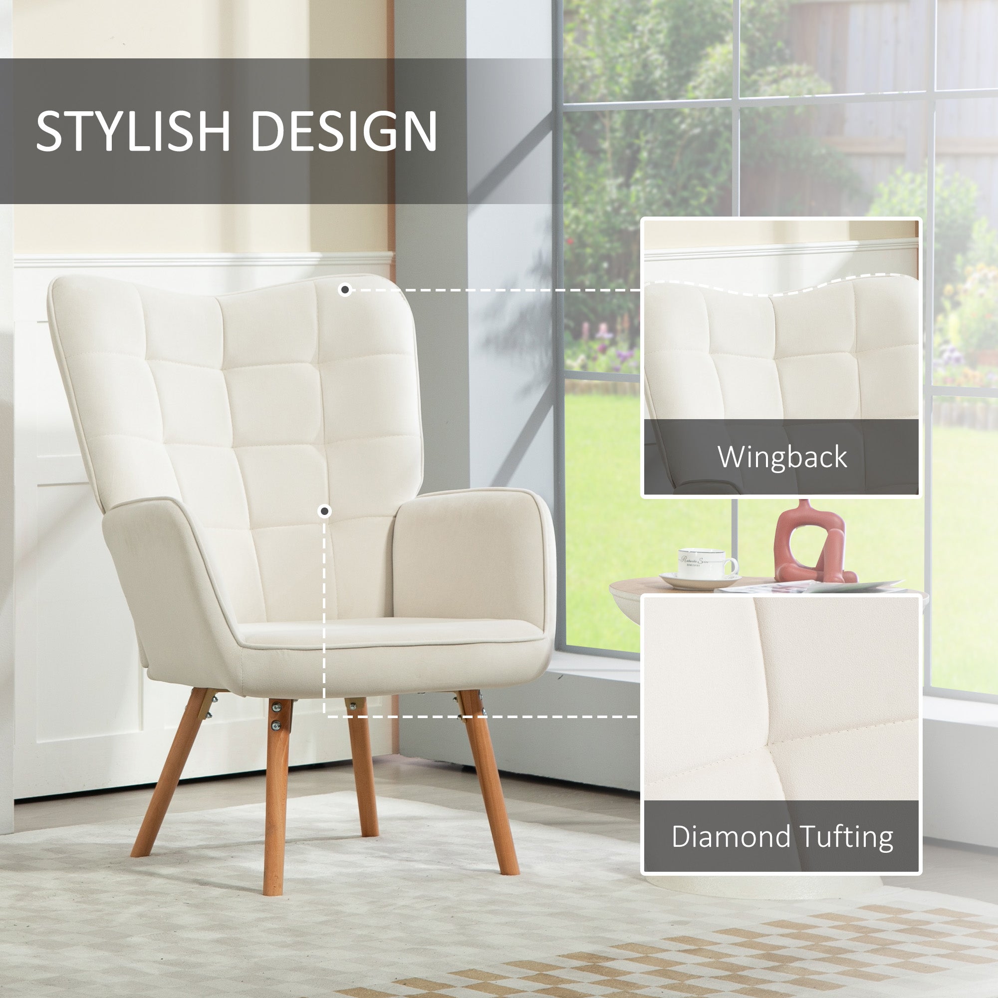Modern Accent Chair Set of 2 Velvet-Touch Tufted Wingback Armchair Upholstered Leisure Lounge Sofa Club Chair with Wood Legs, Cream White