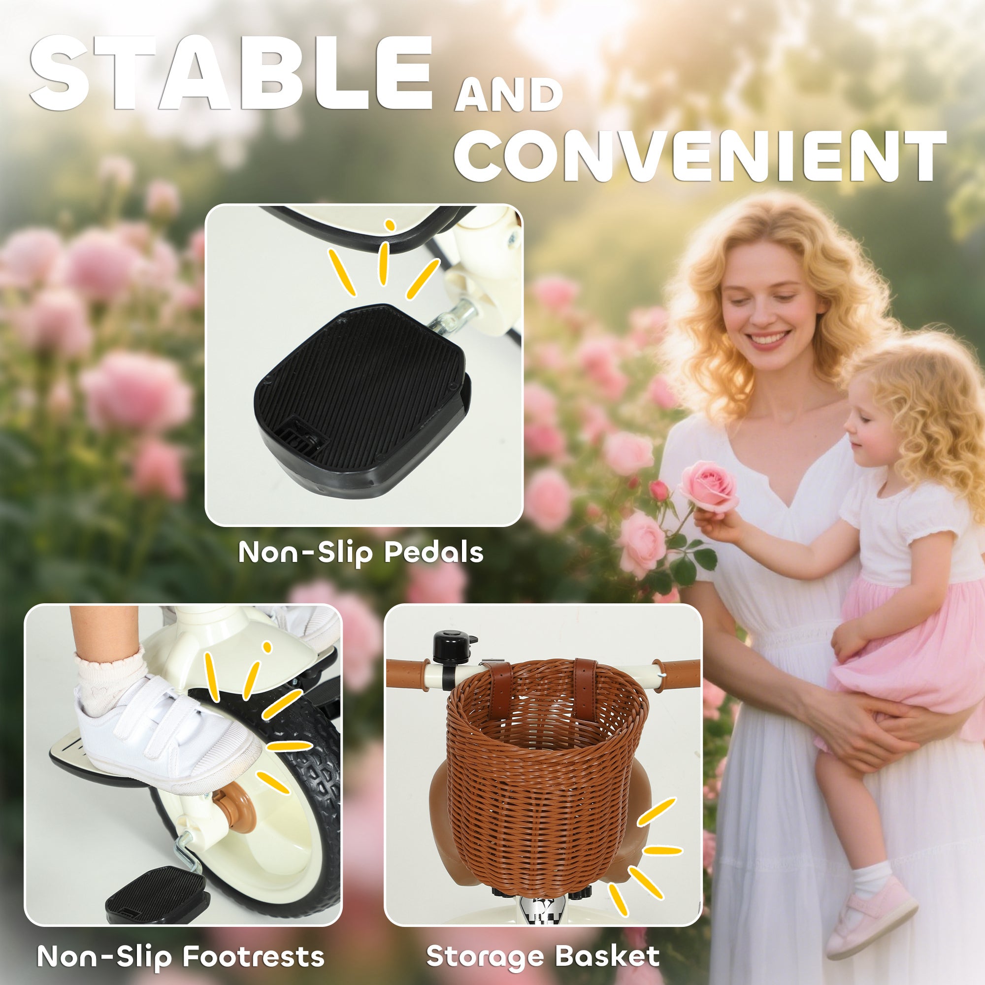 AIYAPLAY 2-In-1 Toddler Trike for 2-5 Years Old, 3 Wheel Bike with Adjustable Parent Handle, Basket for Boys and Girls, White