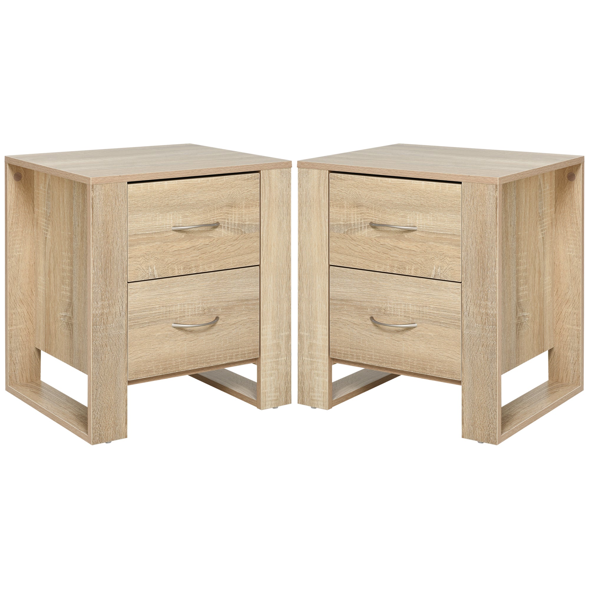 Bedside Table with 2 Drawers, Nightstand with Handles and Elevated Base, Side Table for Bedroom, Living Room, Set of 2, Brown