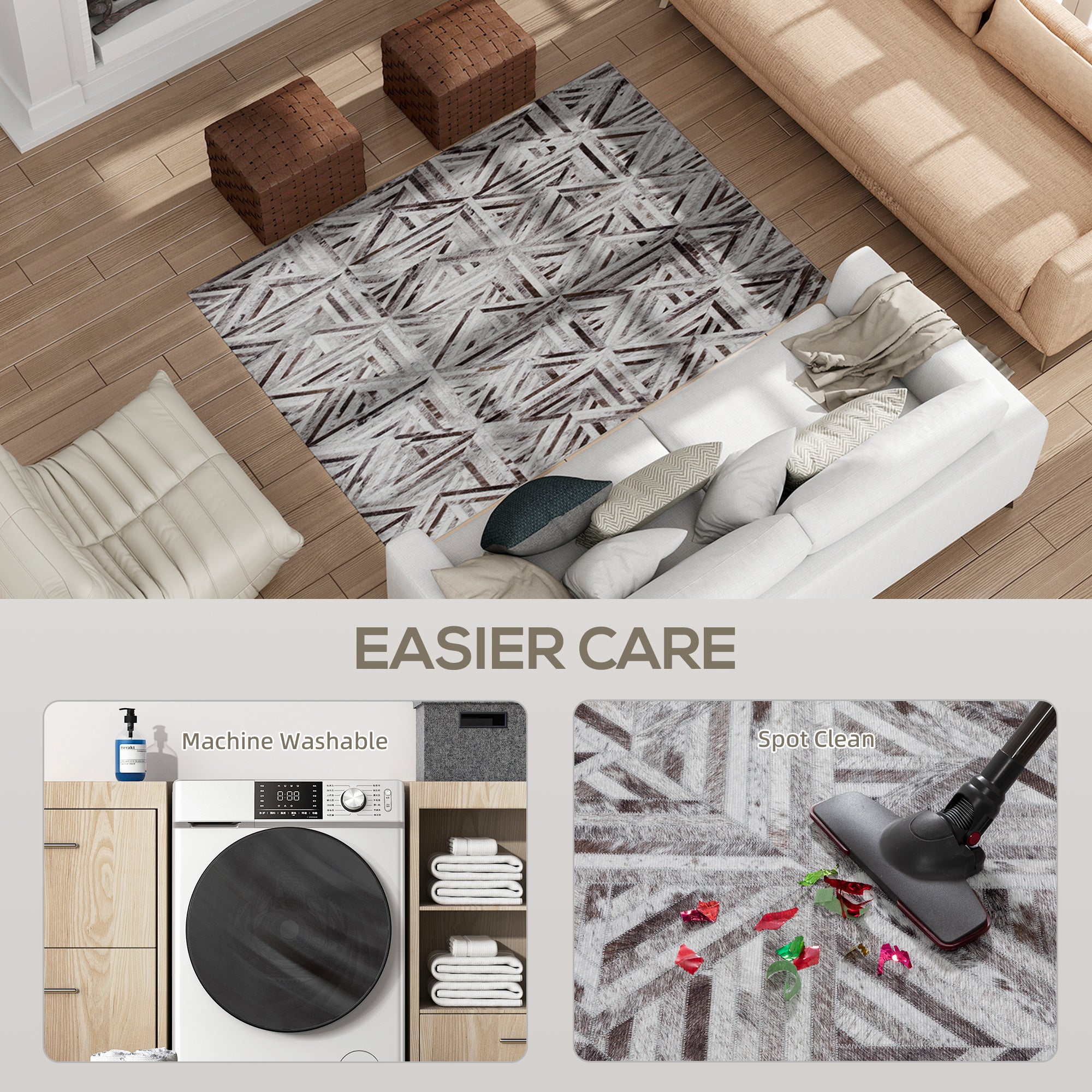 Fynco - Modern Area Rug, Triangle Pattern Non-Slip Washable Rug, Chenille Floor Carpet for Living Room, Bedroom, Dining Room, Home Office, 170 x 120 cm, Brown