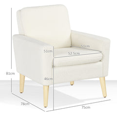 Armchair, Upholstered Accent Chair with Wood Legs and Wide Padded Seat, Teddy Occasional Chair, Cream White