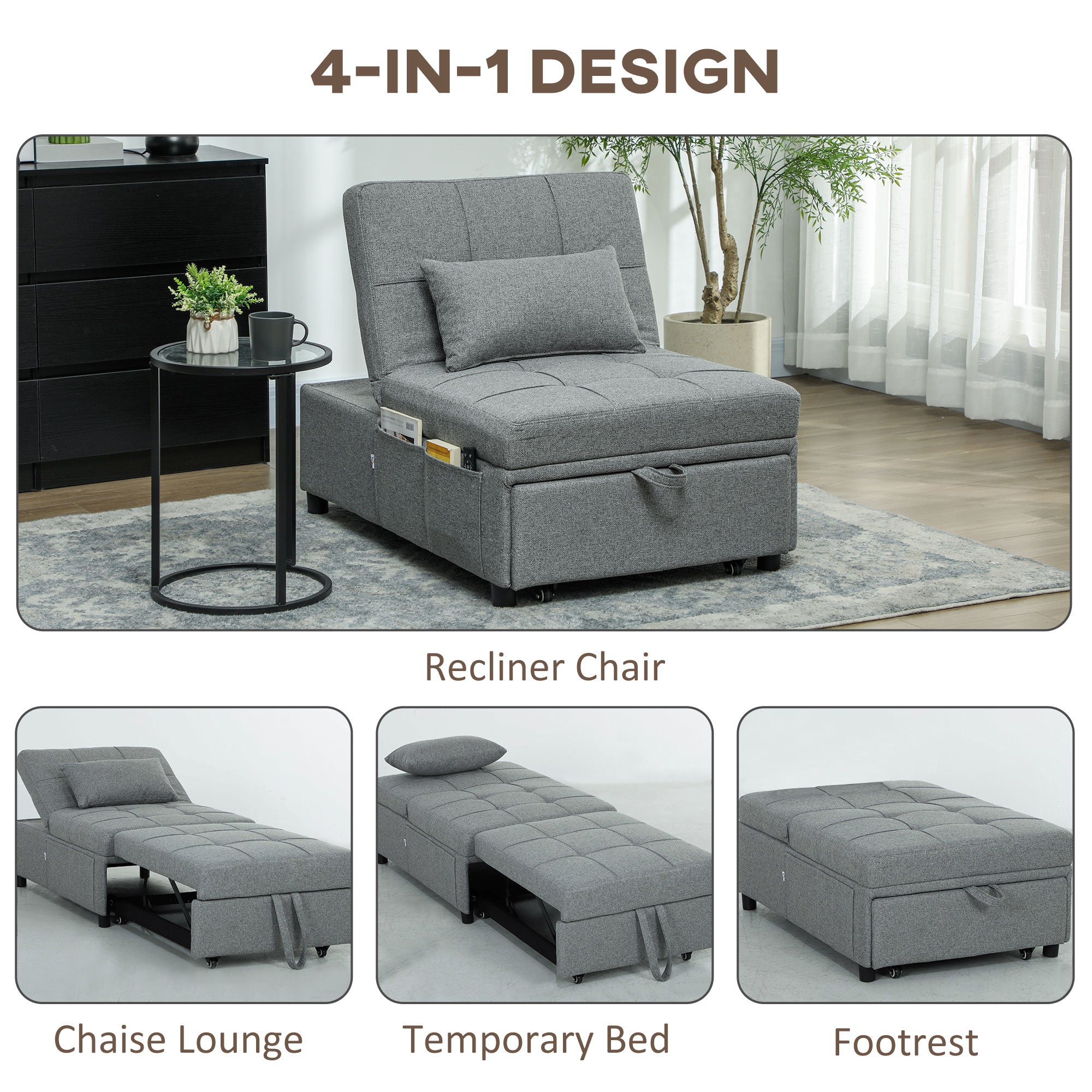 Four-In-One Single Sleeper Chair - Dark Grey