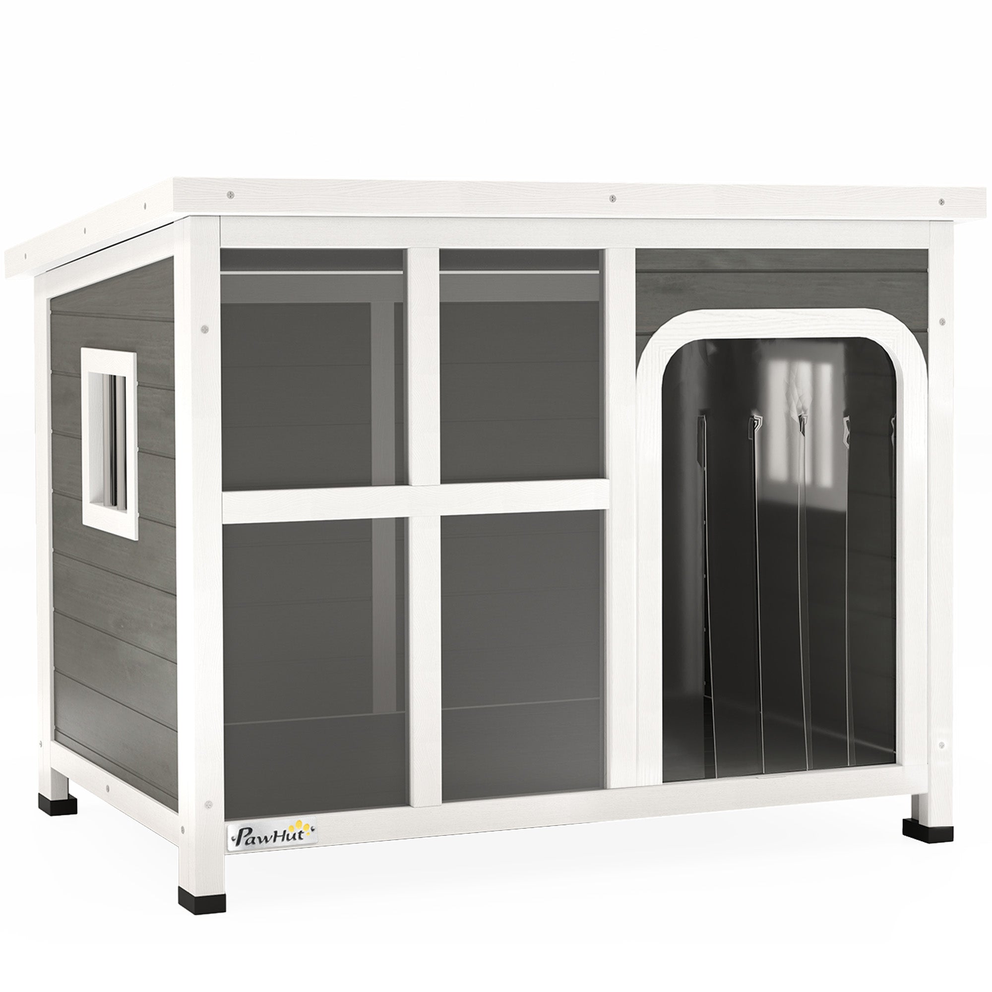 Wooden Outdoor Dog House with Asphalt Openable Top, Removable Floor, Clear Front Panel, Curtain, Light Grey