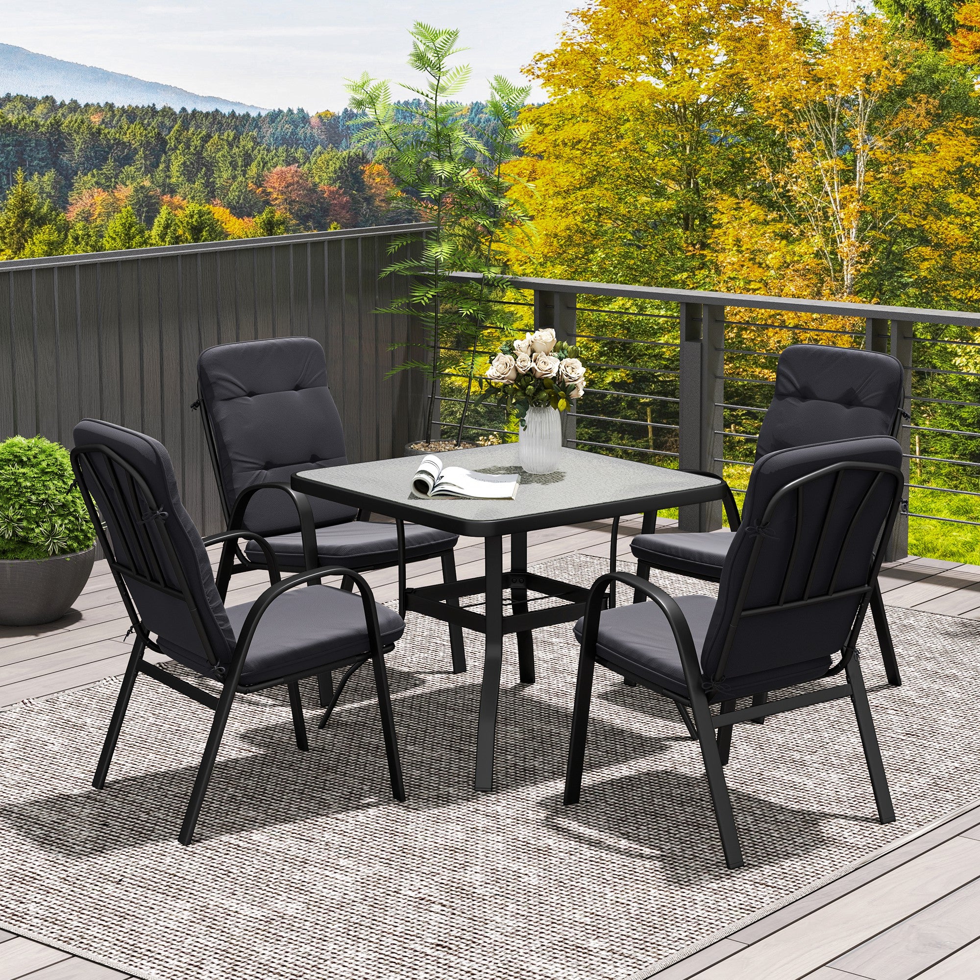 5 Pieces Outdoor Square Garden Dining Set w/ Tempered Glass Dining Table 4 Cushioned Armchairs, Umbrella Hole, Black
