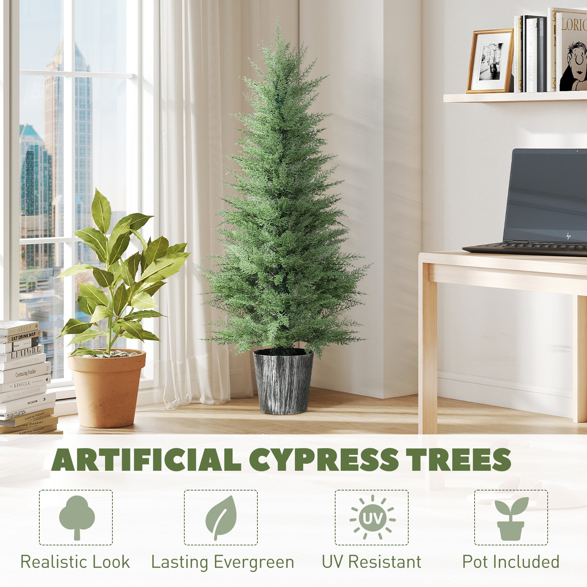 Fynco - 135cm Artificial Cypress Trees Set of 2, UV Resistant Artificial Plants with Decorative Pot, Fake Plants for Indoor Outdoor Decor, Green