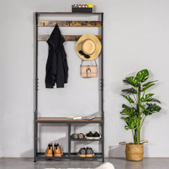 Coat Rack Stand Shoe Storage Bench with 9 Hooks Shelves for Bedroom Living Room Entryway Brown and Black 180cm