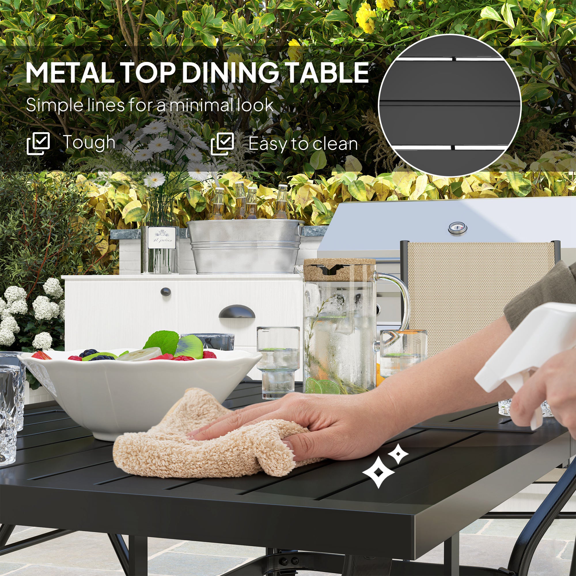 Seven-Piece Steel Outdoor Dining Set, with Parasol Hole - Khaki