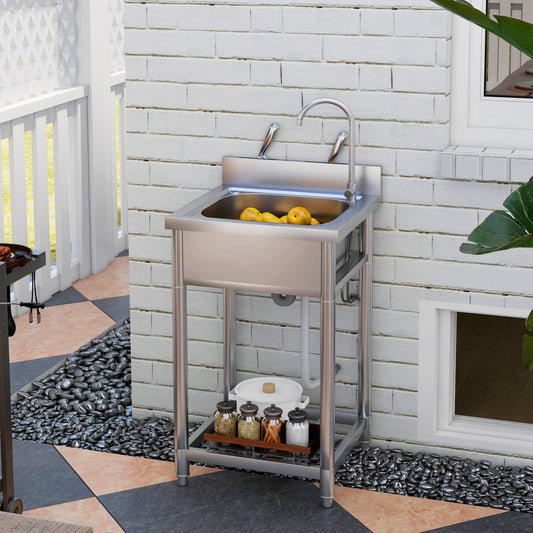 Outdoor Utility Sink, Stainless Steel Free Standing Single Bowl Kitchen Sink with Cold and Hot Water Pipe and Storage Shelf for Laundry Garage, 55 x 50 x 100 cm