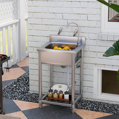 Outdoor Utility Sink, Stainless Steel Free Standing Single Bowl Kitchen Sink with Cold and Hot Water Pipe and Storage Shelf for Laundry Garage, 55 x 50 x 100 cm