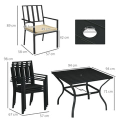 5 Pieces Garden Dining Set with Cushions, Outdoor Patio Table and 4 Stackable Chairs, Metal Top Table with Umbrella Hole, Black