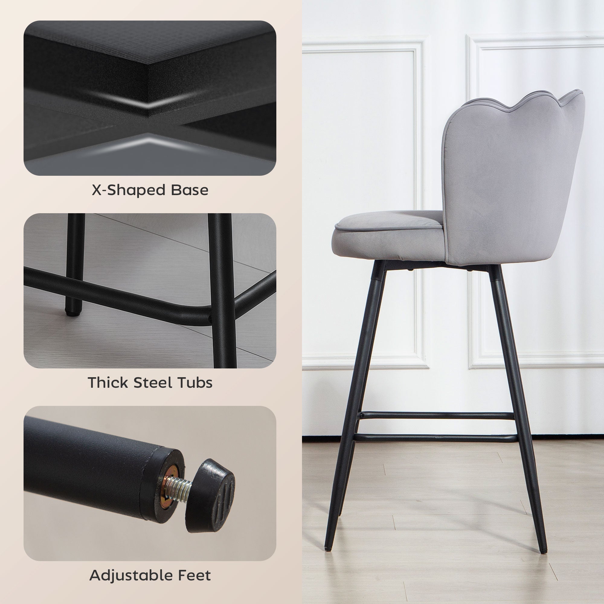 Fynco - Set of Two Velvet-Feel Lotus Bar Stools - Grey