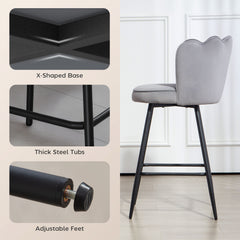Fynco - Set of Two Velvet-Feel Lotus Bar Stools - Grey
