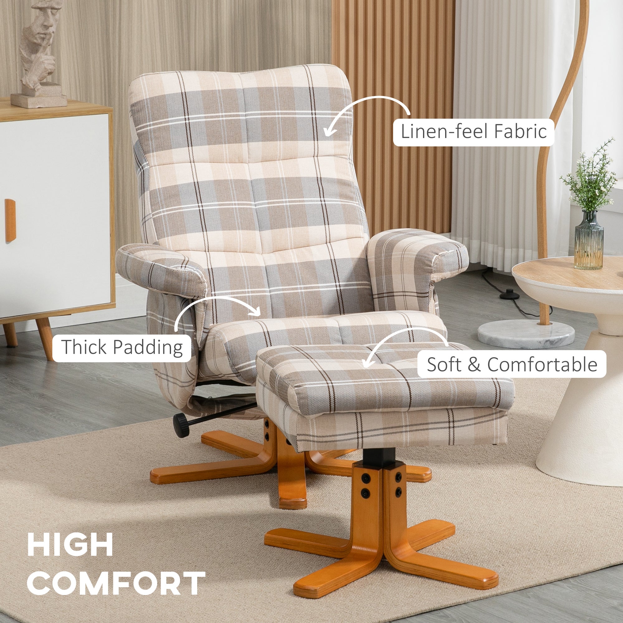 Linen Swivel Recliner Chair with Footstool, Wooden Base and Storage for Living Room, Multicolour