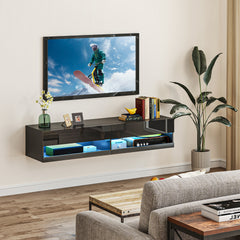 Floating TV Unit, Wall Mounted TV Cabinet for TVs up to 65", High Gloss Media Wall Unit with LED Lights, Storage Shelves for Living Entertainment Room, Black