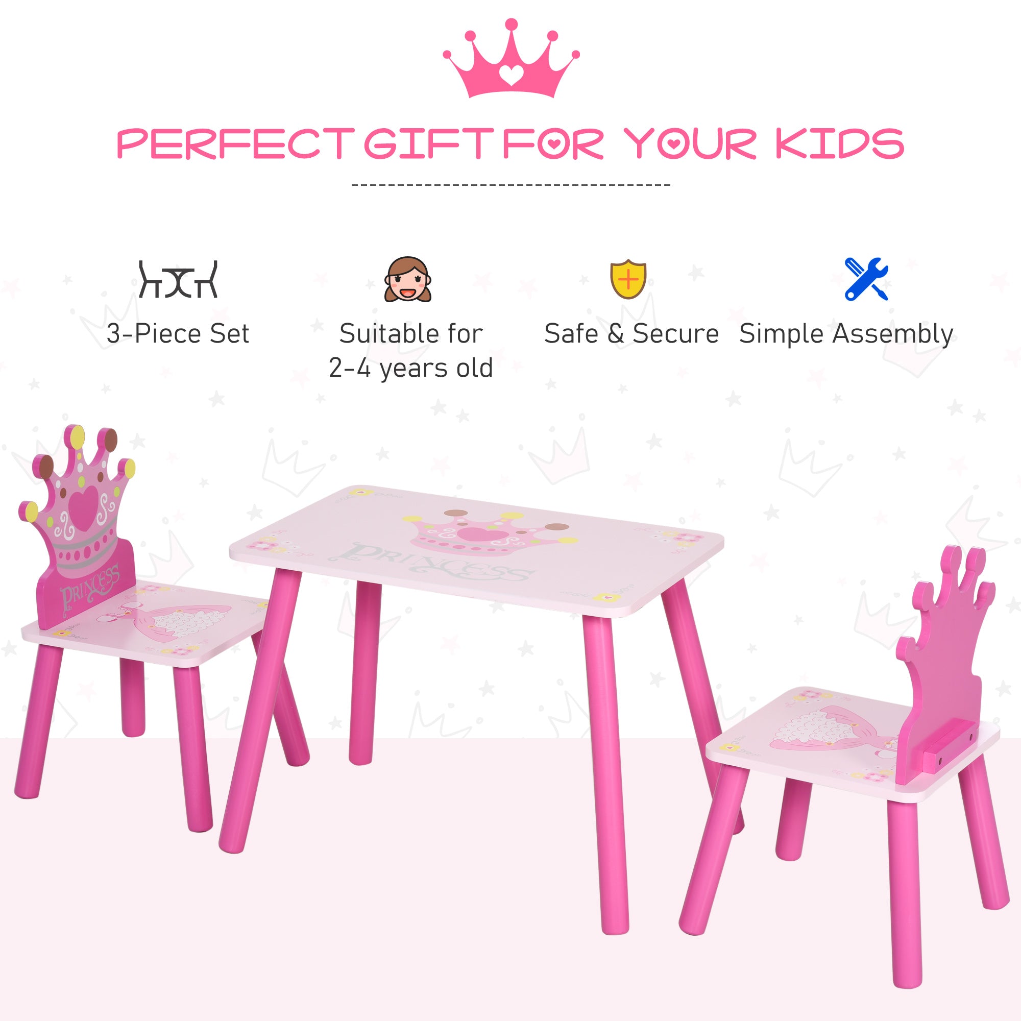 3 Pcs Kids and Table Chair Set Princess & Crown Theme Home Furniture Pretty Gift 2-4 Years Pink