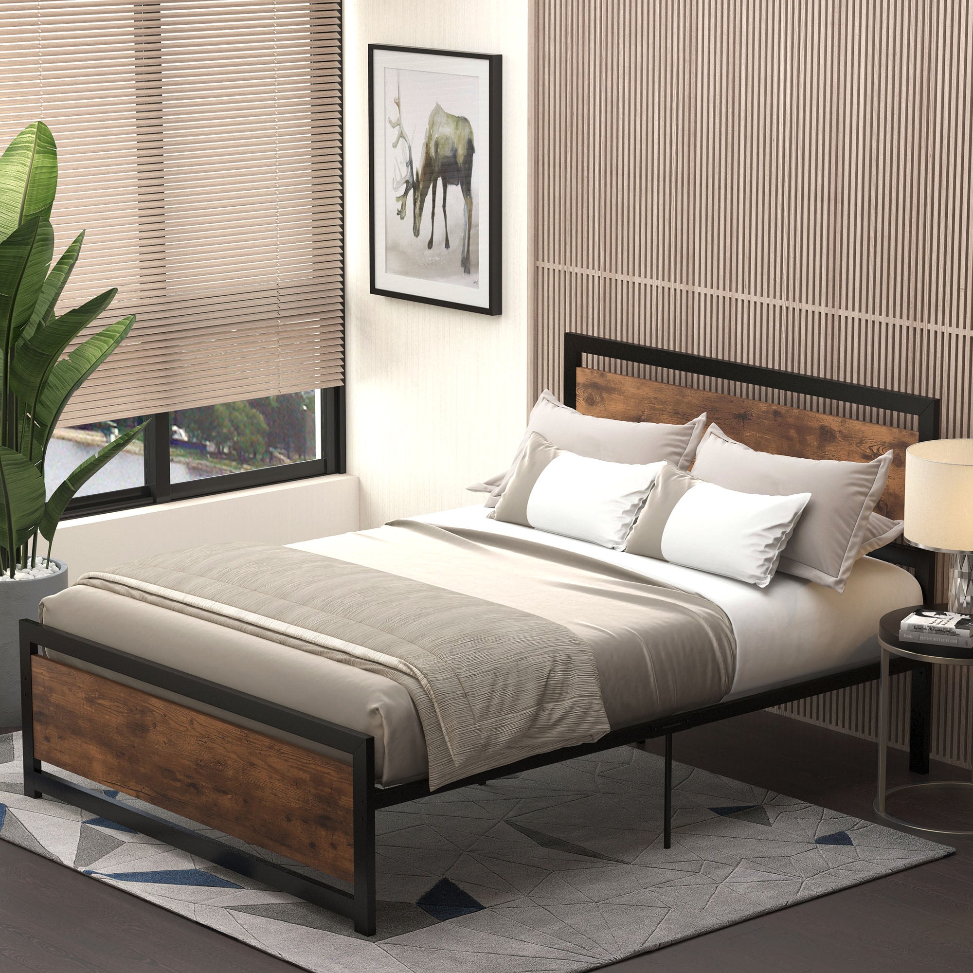 Double Size Metal Bed Frame with Headboard & Footboard, Strong Slat Support Full Bed Frame w/ Underbed Storage Space, Bedroom Furniture For Adults