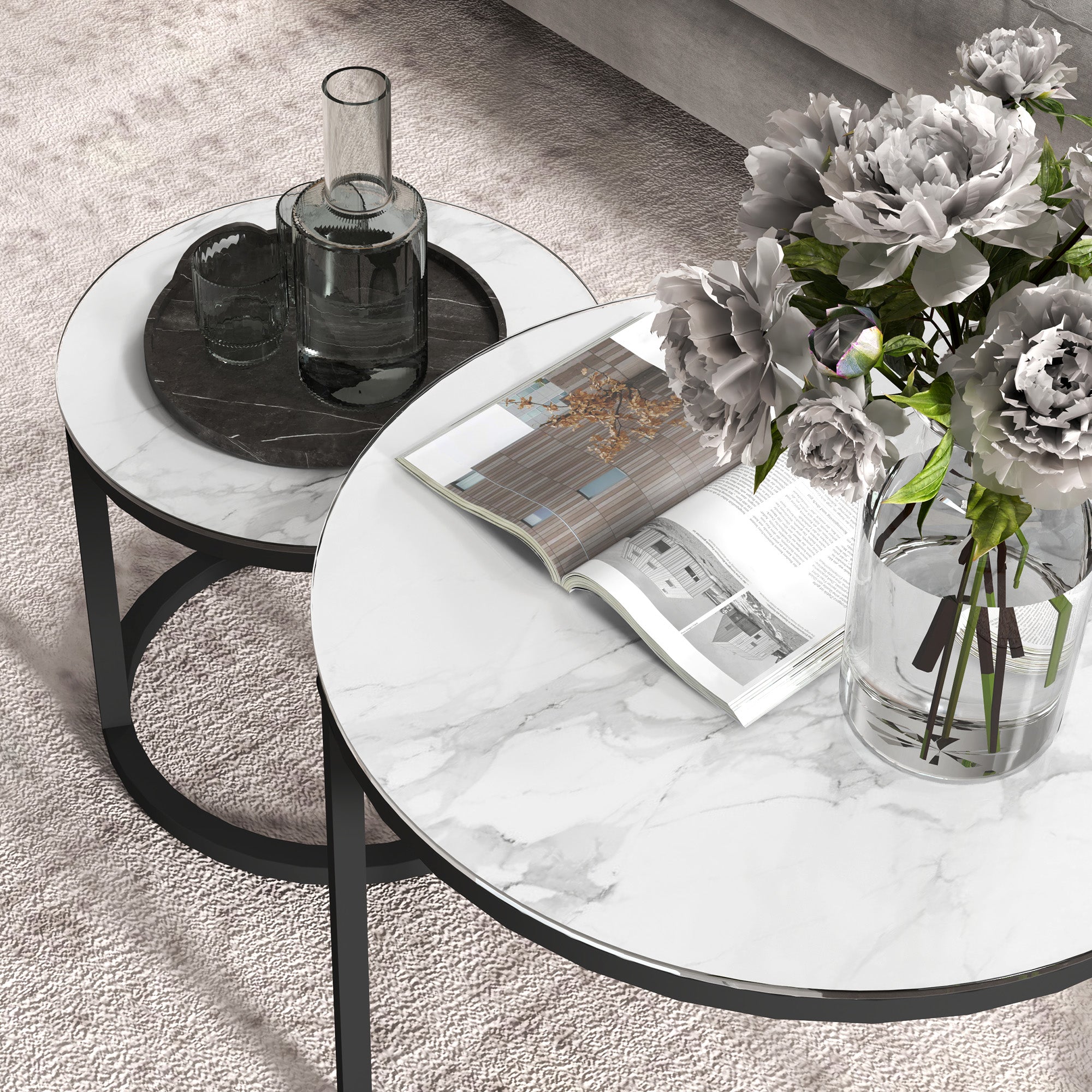 Glass Coffee Table Set of 2, Round Nest of Tables with Marble-Effect Tempered Glass Tabletop and Steel Frame, Modern Side Tables for Living Room, White