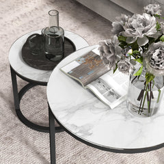 Glass Coffee Table Set of 2, Round Nest of Tables with Marble-Effect Tempered Glass Tabletop and Steel Frame, Modern Side Tables for Living Room, White