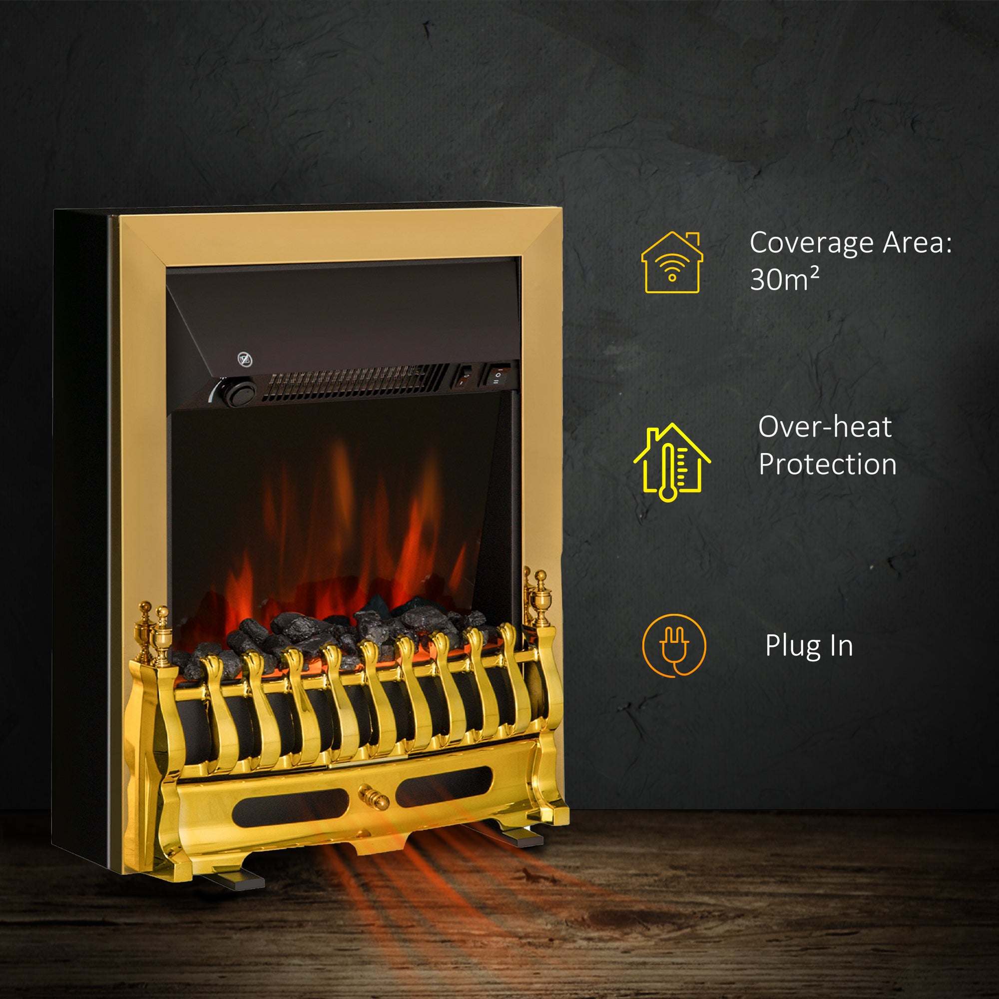 Fynco - Electric Fireplace LED Light Complete Fire Place Heating Indoor Heater Coal Burning Flame Effect Heat 2000W Max