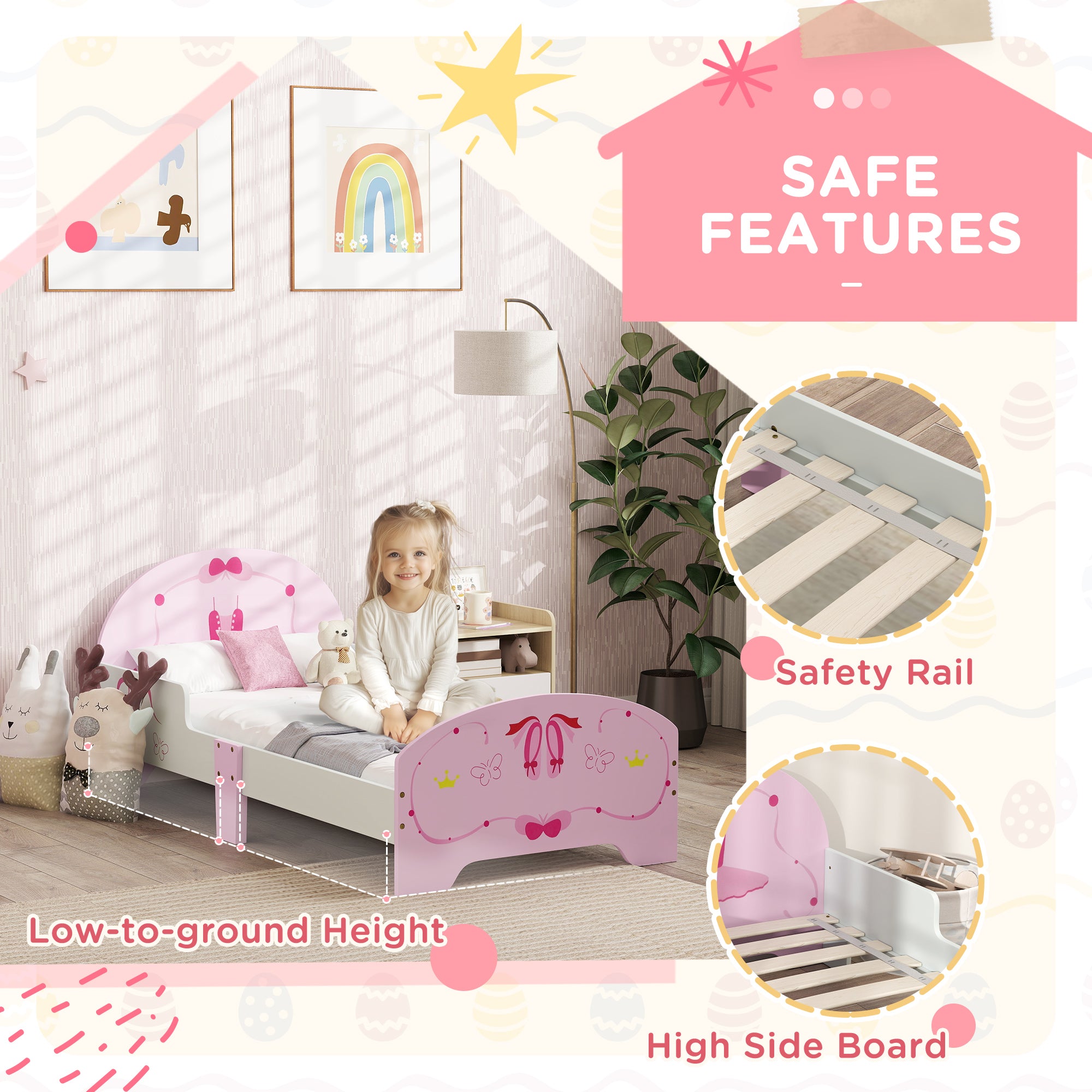 AIYAPLAY Ballet Theme Toddler Bed Frame with Safety Rails for 3-6 Years, Pink