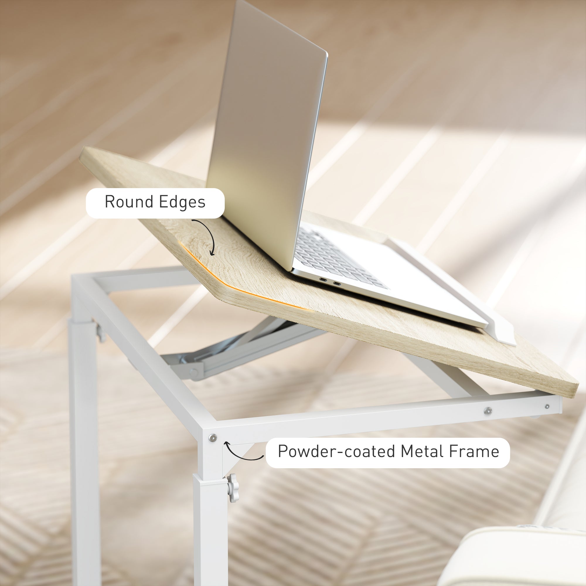 C-Shaped Sofa Side Table, Height Adjustable Overbed Table with Tilting Desktop, Mobile Laptop Desk for Living Room Bedroom, Oak and White