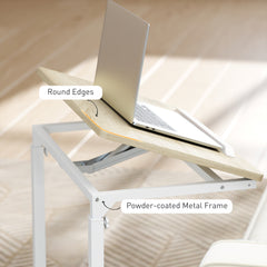 C-Shaped Sofa Side Table, Height Adjustable Overbed Table with Tilting Desktop, Mobile Laptop Desk for Living Room Bedroom, Oak and White