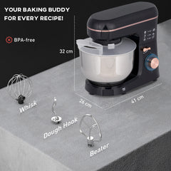 Stand Mixer, 5L Food Mixer for Baking, 6 Speeds and Pulse Setting, 1400W Cake Electric Kitchen Mixer with Dough Hook, Whisk, Stainless Steel Bowl, Splash Guard, Beater, Black