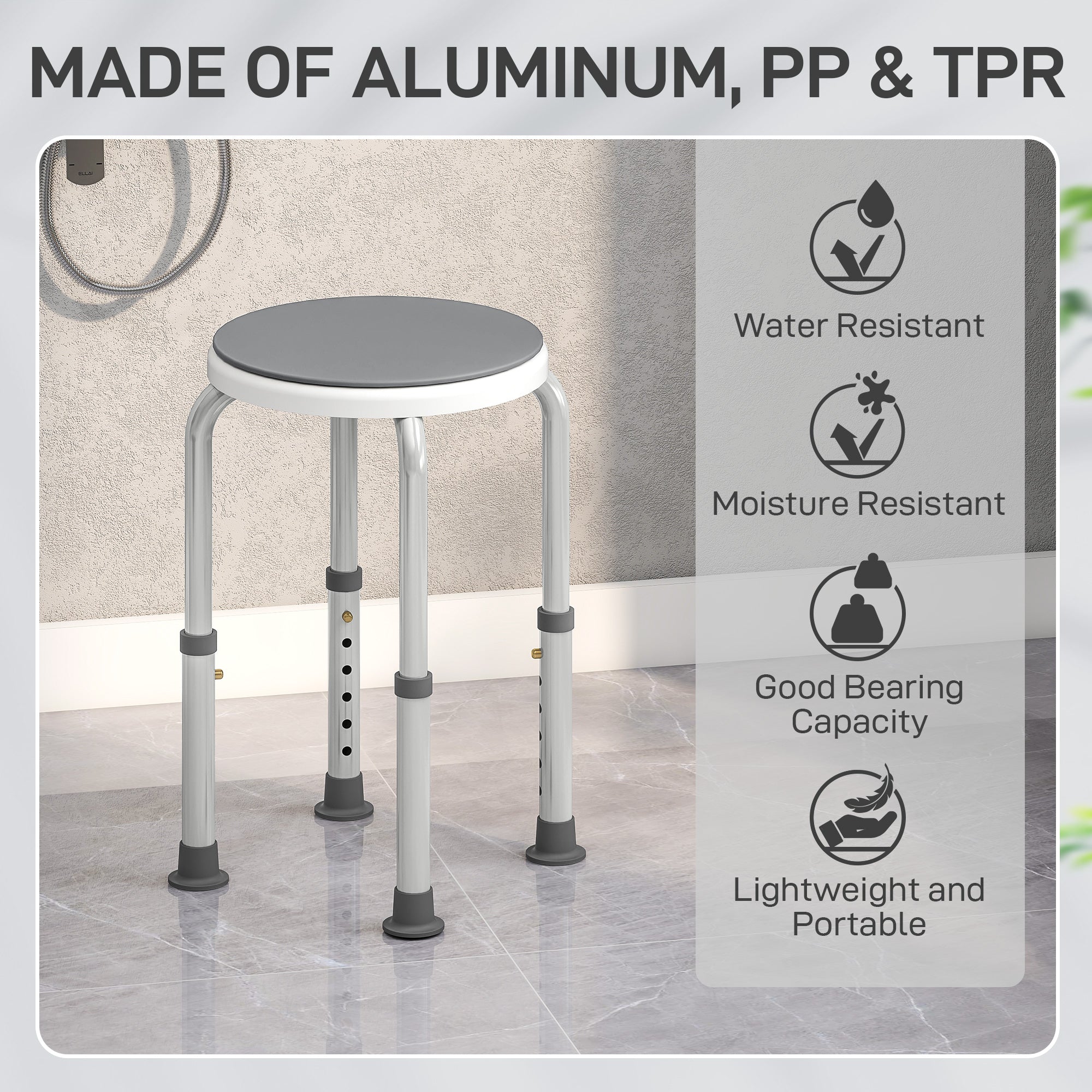 Fynco - 360° Swivel Shower Chair, Height Adjustable Aluminium Shower Stool with Non-Slip Feet for Disabled, Elderly, Grey