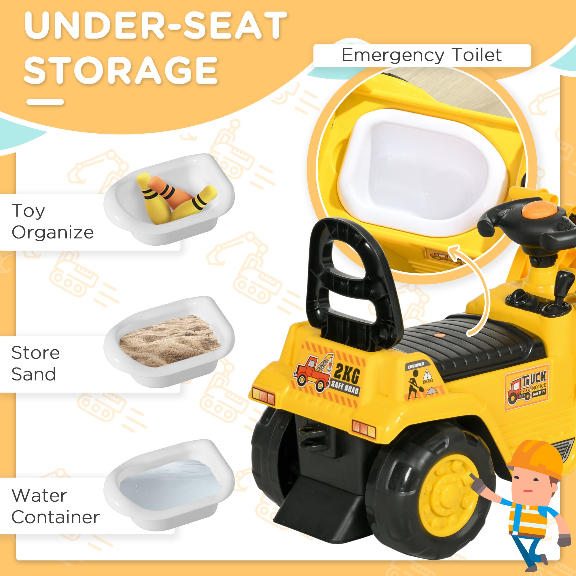 NO POWER 3 in 1 Ride On Toy Bulldozer Toddler Digger Excavator Scooter Storage Cart Toilet Pretend Play Construction Truck