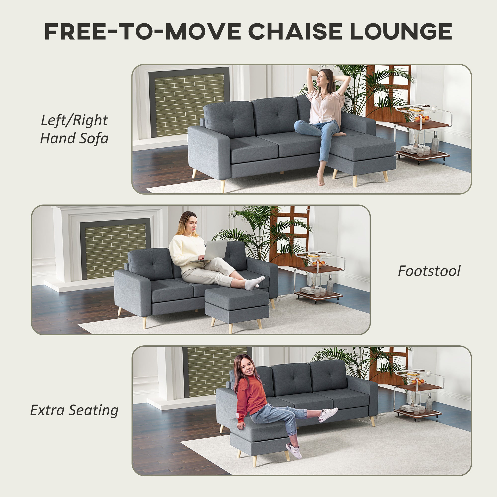 3 Seater Sofa with Footstool, Fabric L-Shaped Sofa, Sectional Couch with Wood Legs, Tufting Cushioned Back for Small Space, Living Room, Office, Dark Grey
