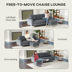 3 Seater Sofa with Footstool, Fabric L-Shaped Sofa, Sectional Couch with Wood Legs, Tufting Cushioned Back for Small Space, Living Room, Office, Dark Grey