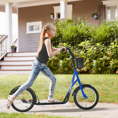 Fynco - Kids Scooter, Kick Stunt Scooter with Adjustable Handlebar, Dual Brakes, Basket, Cupholder, Mudguard, 16" Inflatable Rubber Wheels, for 5-12 years, Blue