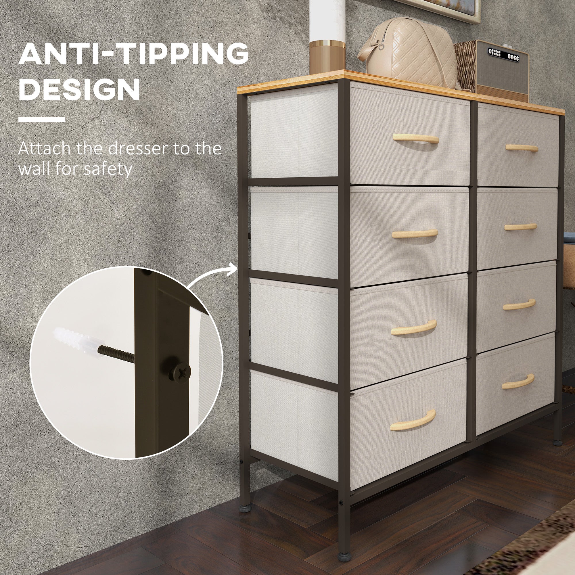 Fabric Chest of Drawers, Industrial Bedroom Dresser with 8 Fabric Drawers, Steel Frame and Wooden Top for Nursery, Living Room, Hallway, Cream White